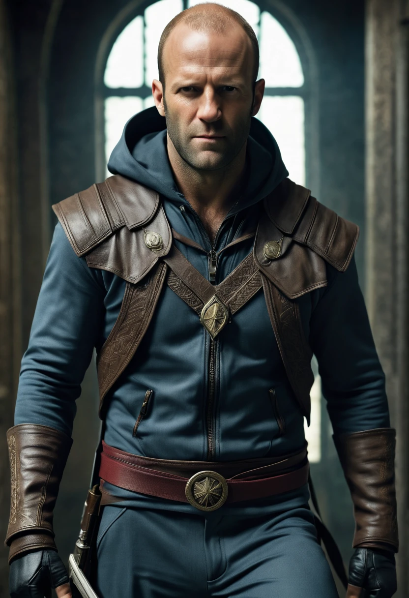 jason statham wearing an assassin's creed suit.