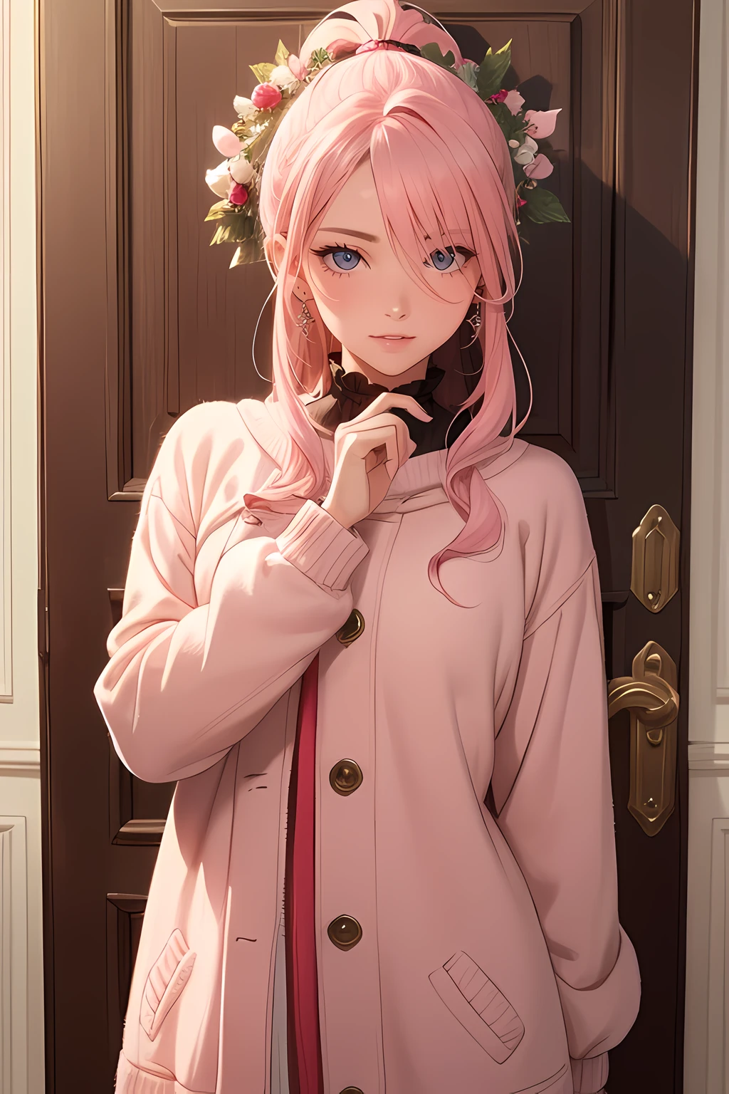 (masterpiece), (best quality), 1female standing, (long_ponytail pink color hair), (hair over one eye:1.21), door with hanging wreath ornament on the background, wearing winter outfit, detailed beautiful eyes, detailed gorgeous face, perfect anatomy, perfect shading, dramatic lighting, highly detailed, intricate details, wallpaper, PIXIV, krenzcushart,