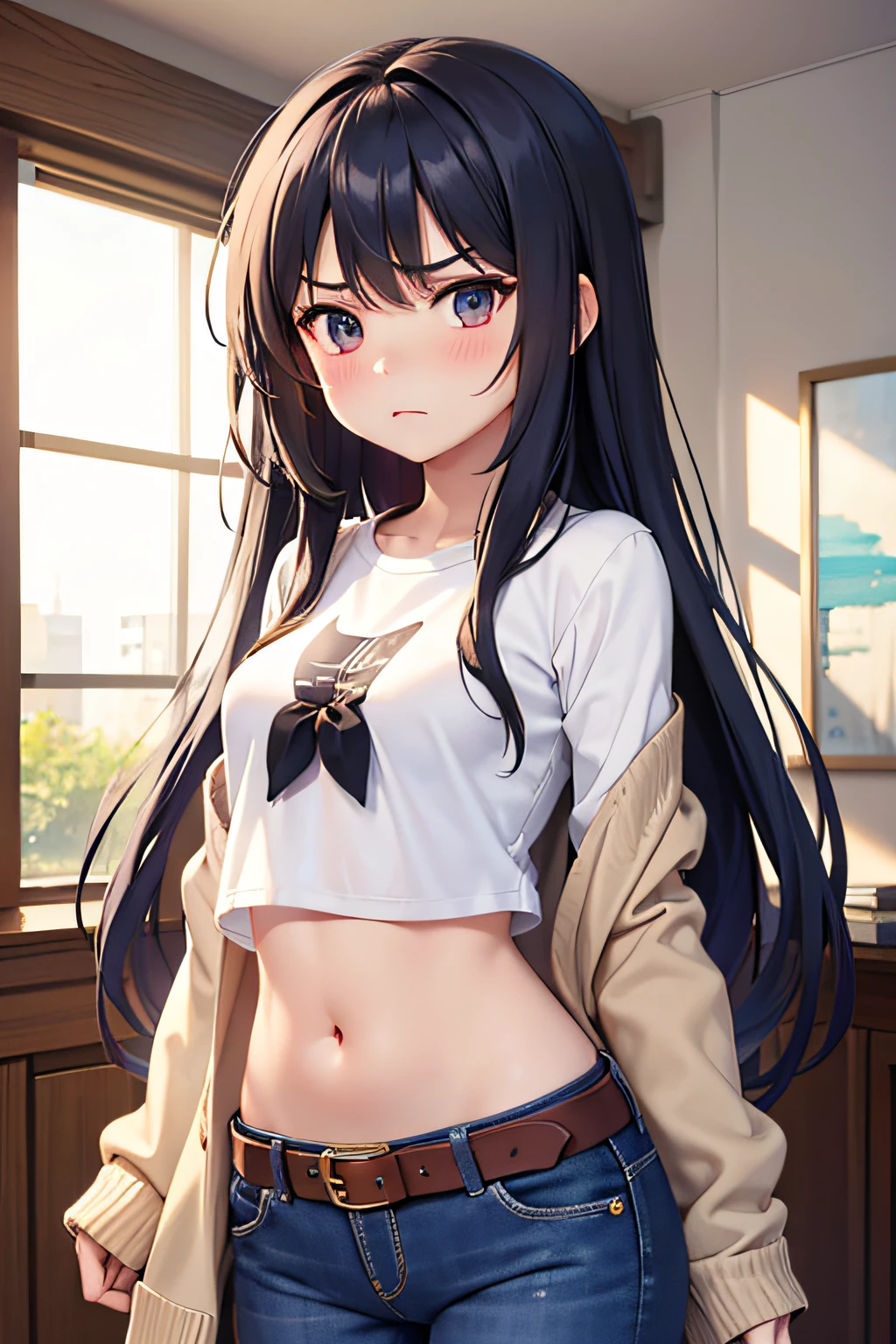 long hair,1 girl, solo, medium breasts, belt, tummy, crop top, chiffon long cardigan, t shirt, indoors, jeans, blush, annoyed,