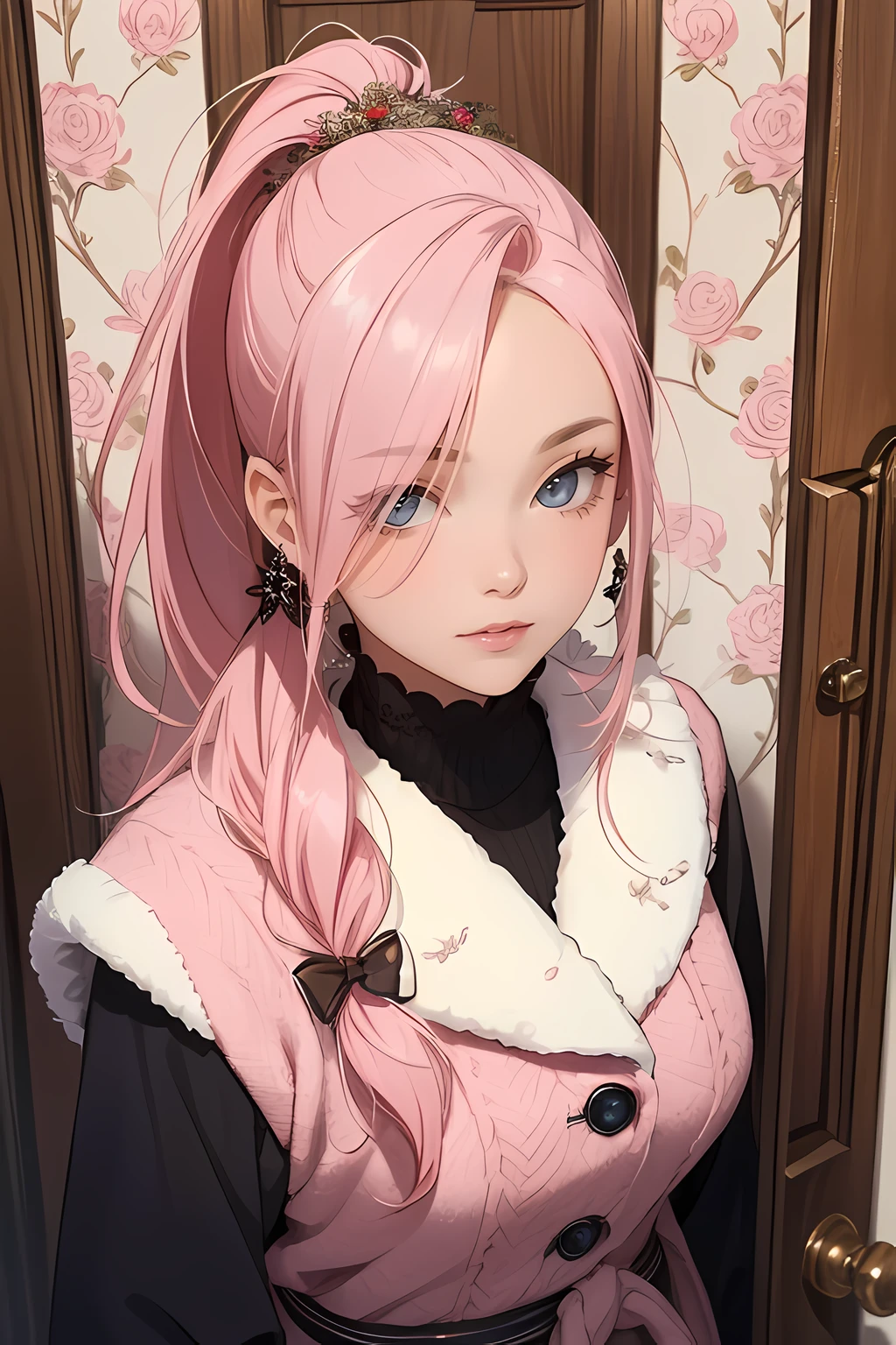 (masterpiece), (best quality), 1female standing, (long_ponytail pink color hair), (hair over one eye:1.21), door with hanging wreath ornament on the background, wearing winter outfit, detailed beautiful eyes, detailed gorgeous face, perfect anatomy, perfect shading, dramatic lighting, highly detailed, intricate details, wallpaper, PIXIV, krenzcushart,