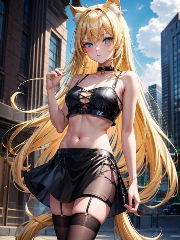 A girl, long blonde hair, blonde pointed neko cat ears, lime green light cat eyes, wears a black collar with a bell, wears a pink crop top with a deep neckline, has a belly button piercing, a black short mini skirt, black tights, high black platform heels  , with a blonde cat tail, stands tall in a city, high res, ultrasharp, 8K, masterpiece