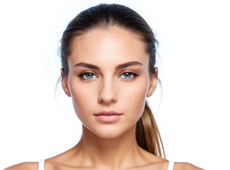 a woman with a white shirt and a ponytail  looking at the camera, beautiful face woman, female face features, perfect face model, attractive female face, clean beautiful symmetrical face, photorealistic beautiful face, woman human face, realistic beautiful face, attractive female face!!!, model face, symmetric beautiful face, symmetric and beautiful face, symmetrical beautiful face
