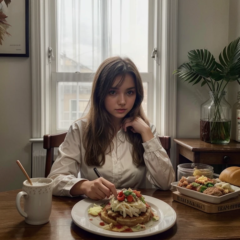 there a woman sitting at a table with a plate of food, a picture by Emma Andijewska, instagram, realism, alina ivanchenko, viktoria gavrilenko, ekaterina, anastasia ovchinnikova, moleksandra shchaslyva, aleksandra waliszewska, anna nikonova aka newmilky, angelina stroganova