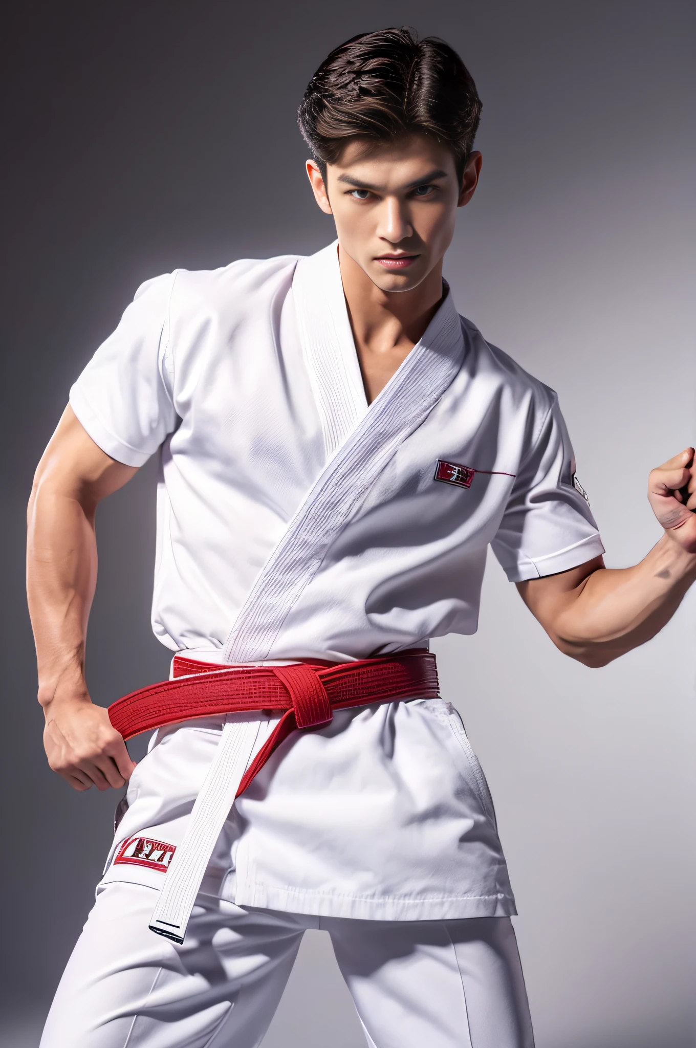 a picture, a handsome, 8k full body portrait of a man, Charming sweet look, Move ki, shorth hair, musculature, clong legs, Muscular legs,, bare-legged, Detailed muscular physique, a picture, (​masterpiece, top-quality, top-quality, Official art), Stick out your fist, Large and dynamic movements, Photorealistic depiction,20yr old, Toned waist, White Karate Uniform, Karate Belt, White karate pants, Accurate depiction of details, Perfect skeleton, Look straight at your audience, sharp gaze