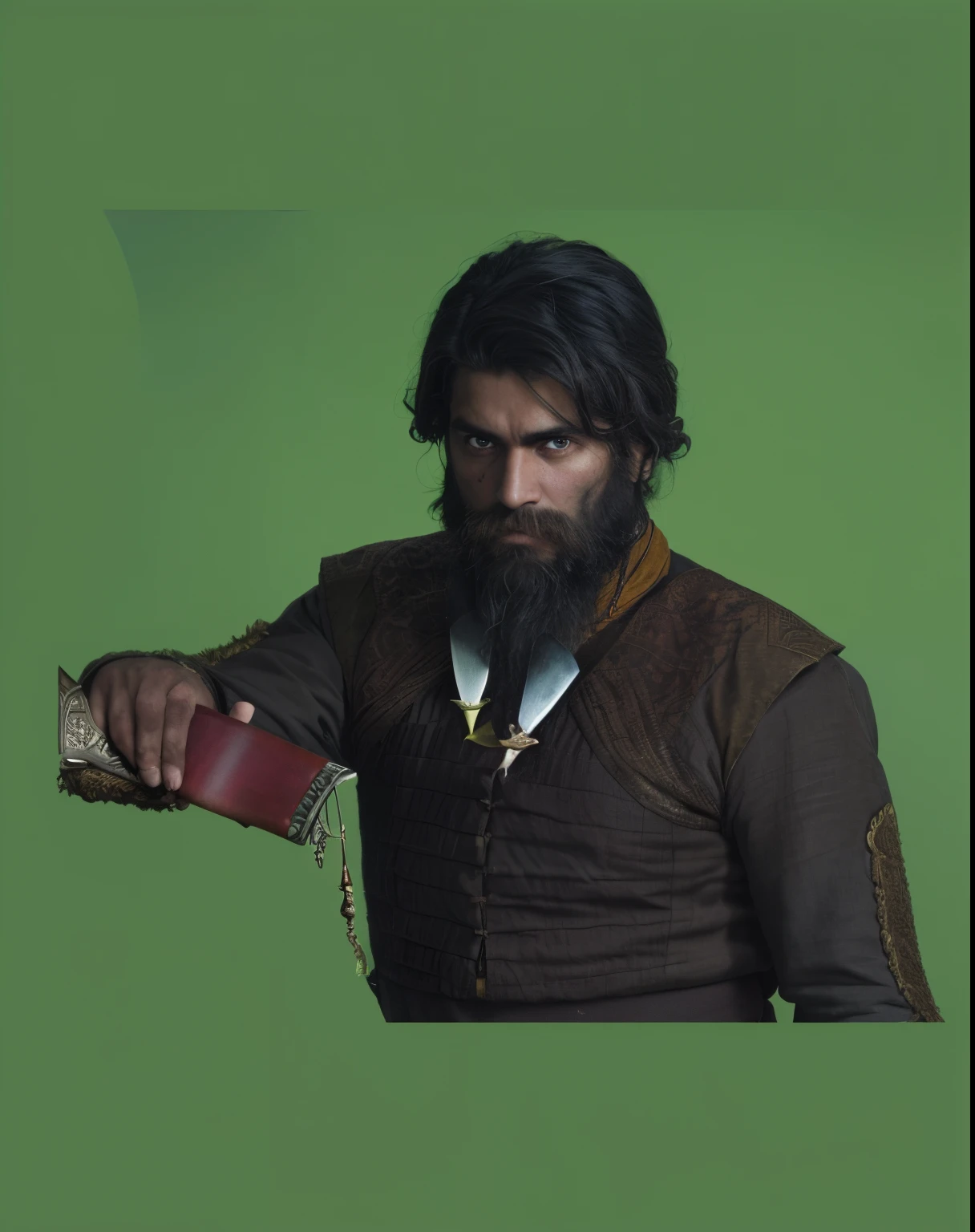 there a man with a beard and a beard holding a knife, rasputin as grubhub character, still from a fantasy movie, as a medieval fantasy character, film promotional still, vfx shot, inspired by Kailash Chandra Meher, movie promotional image, promotional image, inspired by Pedro Álvarez Castelló, still from a live action movie
