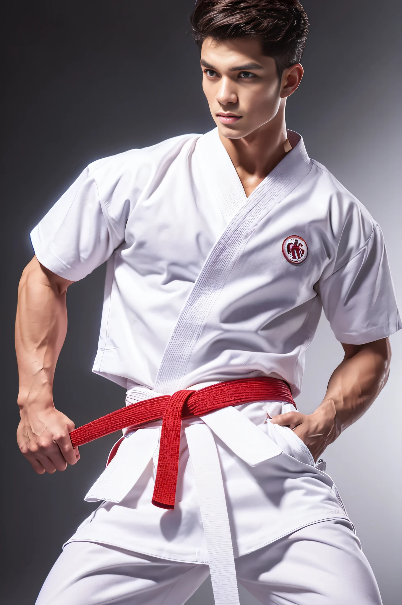 a picture, a handsome, 8k full body portrait of a man, Charming sweet look, Move ki, shorth hair, musculature, clong legs, Muscular legs,, bare-legged, Detailed muscular physique, a picture, (masterpiece, top-quality, top-quality, Official art), Stick out your fist, Large and dynamic movements, Photorealistic depiction,20yr old, Toned waist, White Karate Uniform, Karate Belt, White karate pants, Accurate depiction of details, Perfect skeleton, Look straight at your audience, sharp gaze