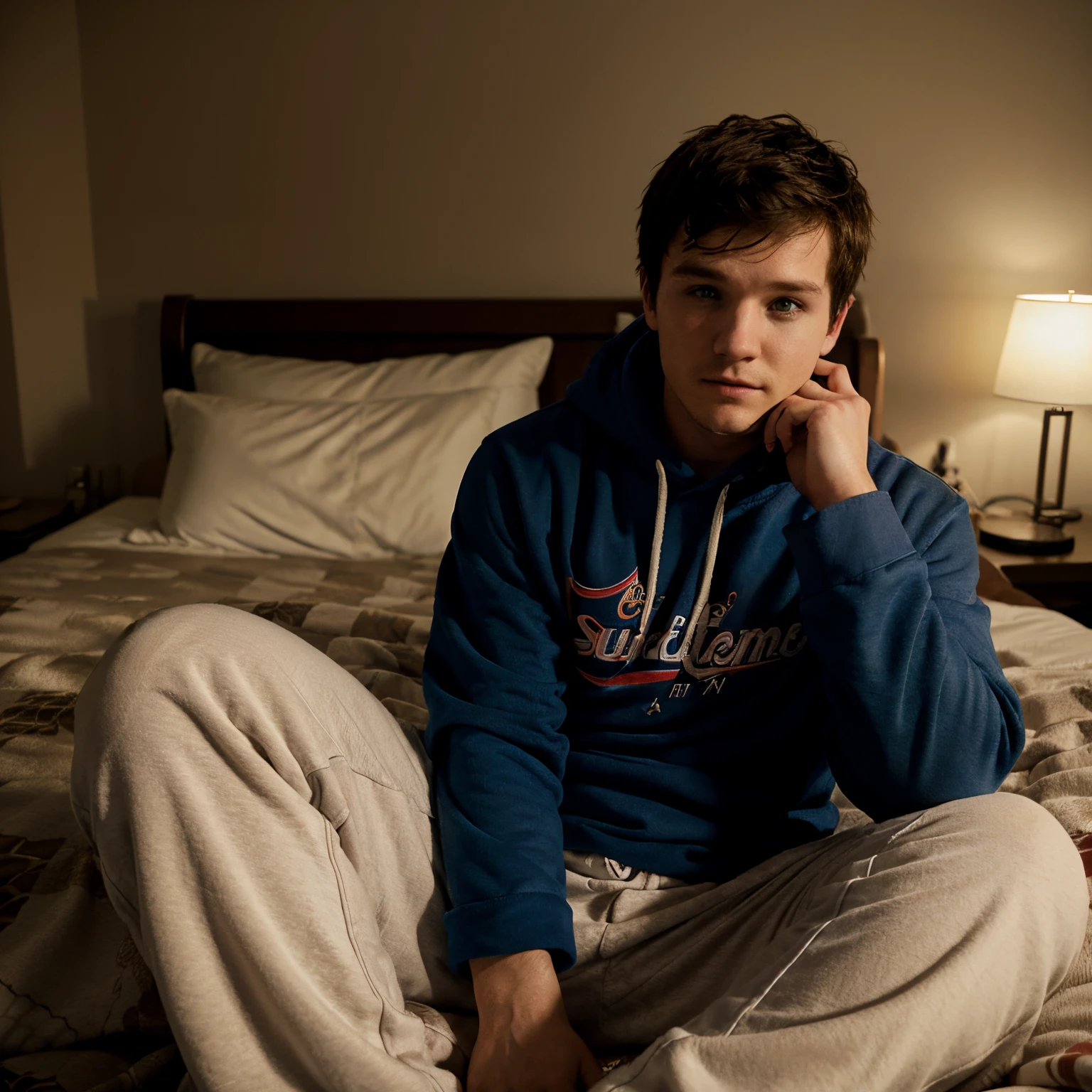 Josh hutcherson, Mike schmidt, messy hair, hoodie, man, sleepy, sitting on bed, pajamas, comfy, cozy