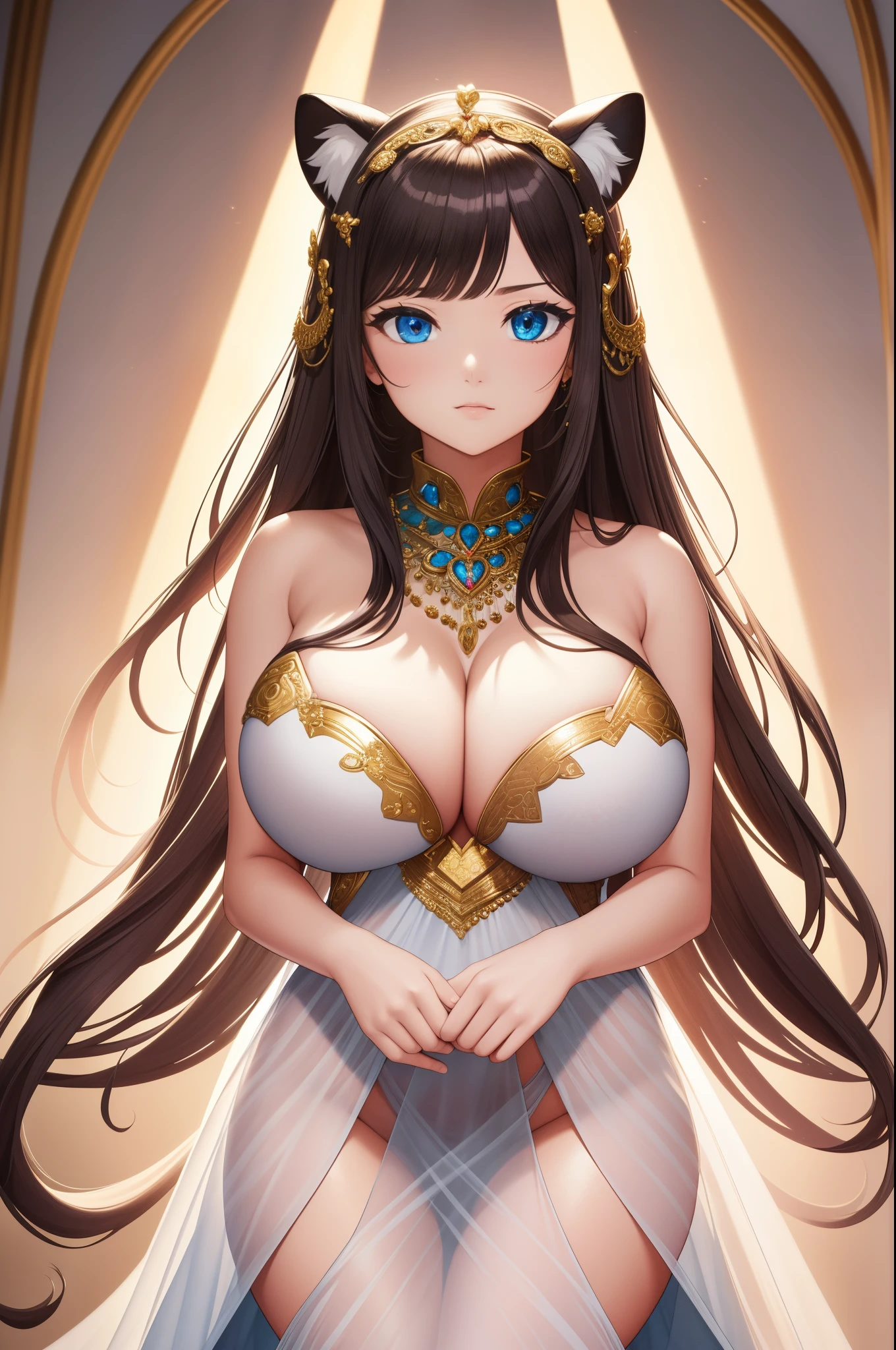 (masterpiece), best quality, expressive eyes, perfect face, blushing, Jaguar goddess, hair fringe, heart shaped hair clips, massive overflowing boobs, sensual transparency dress, fluttering, hands squeezing boobs, fluffy tails, incredible details, masterpiece, wallpaper art, (glow, god rays, ethereal, dreamy, heavenly, otherworldly, dream-like, breathtaking, captivating, divine),
