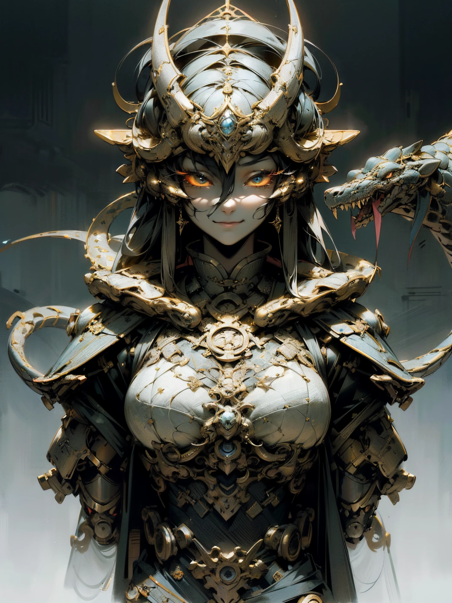 ((Best quality, 8K, Masterpiece: 1.4)),((Amazing detail: 1.3)),((illustration: 1.2)),((high resolution: 1.1)),Dark fantasy style, Chinese fantasy, Drawn from Shan Hai Jing, singularity, The upper body a woman and the lower body a snake, snake people, Enchanting, Smile, Wears a crown of thorns on her head, solid black background, mechanically correct, complicated, delicate, monster design, sense of science and technology, mechanical sense, Fantasy art, concept-art, unreal-engine, structurally correct, Perfect composition, Weird, structural symmetry