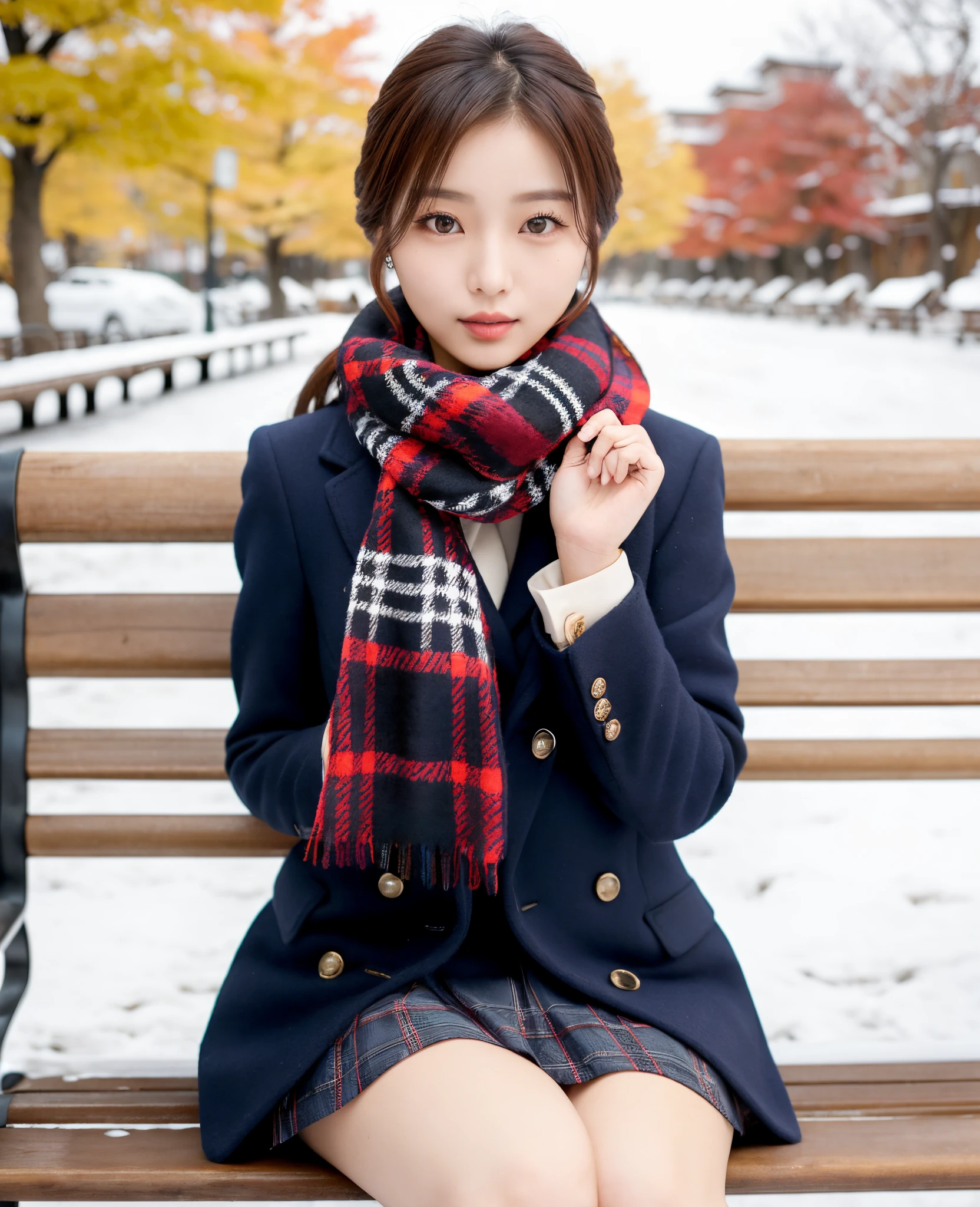 An arafi woman wearing a scarf and sitting on a park bench, korean female fashion model, Yasumoto Oka, Korean Girl, Korean Woman, elegant japanese woman, Tartan Scarf, 奈良美智, Japanese Models, scarf, japanese girl school uniform, Beautiful young Korean woman, Handsome Girl, Gorgeous young Korean woman, chiho