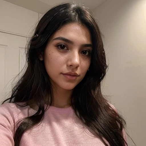 1 girl, 24 years old ((Mexican features,)) ((Straight black hair with slightly wavy ends )) light brown eyes, Height 153cm, voluminous body, (((A notable single mole on the cheek near the nose))) natural lighting, bust selfie ((Pink long sleeve t-shirt)) Maite Perroni