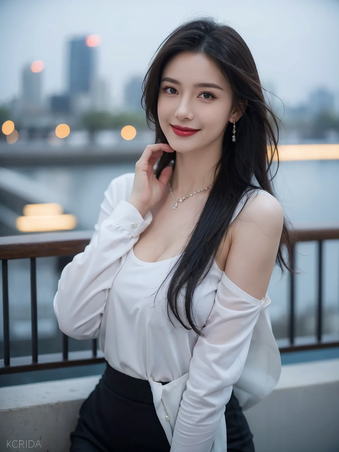 8k, RAW photos, best quality, tmasterpiece:1.37), (realistic, photograph realistic:1.37), masterpiece, best quality, High detail, Best image quality, super detailed, high resolution, Very detailed, Best quality, Extreme detail description, hyperdetailed painting, (An extremely delicate and beautiful work), ((hand touch breast)), Beautiful detailed girl, Very detailed eyes and face, (Beautiful detailed eyes), Masterpiece, fair skin, hazy beauty, very detailed facial, detailed skin structure, perfect anatomy, ((perfect body)), Beautiful detailed whole body, delicate face, exquisite body, fine collar bone, lovely lips, Behind the softness, adorable, ((slim waist)), ((huge tit)), (seductive look, soulful eyes, reality eyes, beautiful and clear eyes), (dark color hair), curled short hair, ((smile:1.3)), ((Enchanted expression)), seductive posture, ((An extremely detailed and elegant see-through secretary outfit)), (Formal blue shirts, Tight blue shirt, Formal black skirt), head gear, highly detailed, delicate necklace, Delicate earrings, Simple blurred background, ((view over city), ((midnight)), ((winter)), physically-based rendering, ((the body from the thighs up)), looking at viewer