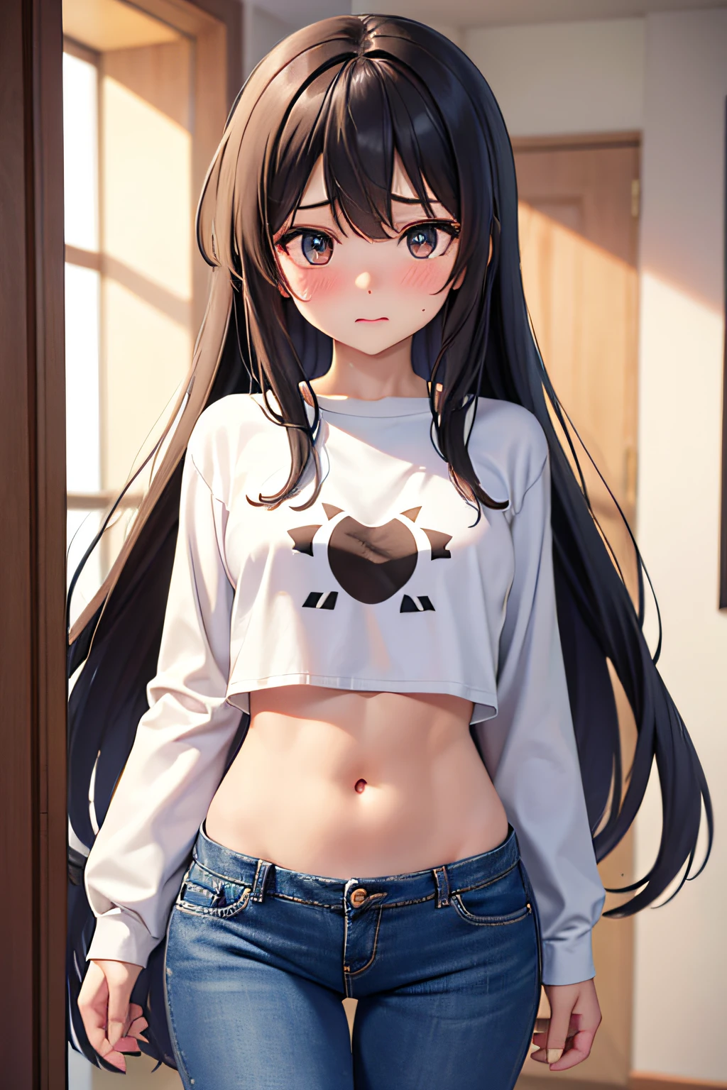 long hair,1 girl, solo, medium breasts, tummy, crop top, long sleeves, t shirt, indoors, skinny jeans, blush, embarrassed, looking down, belly button, abs
