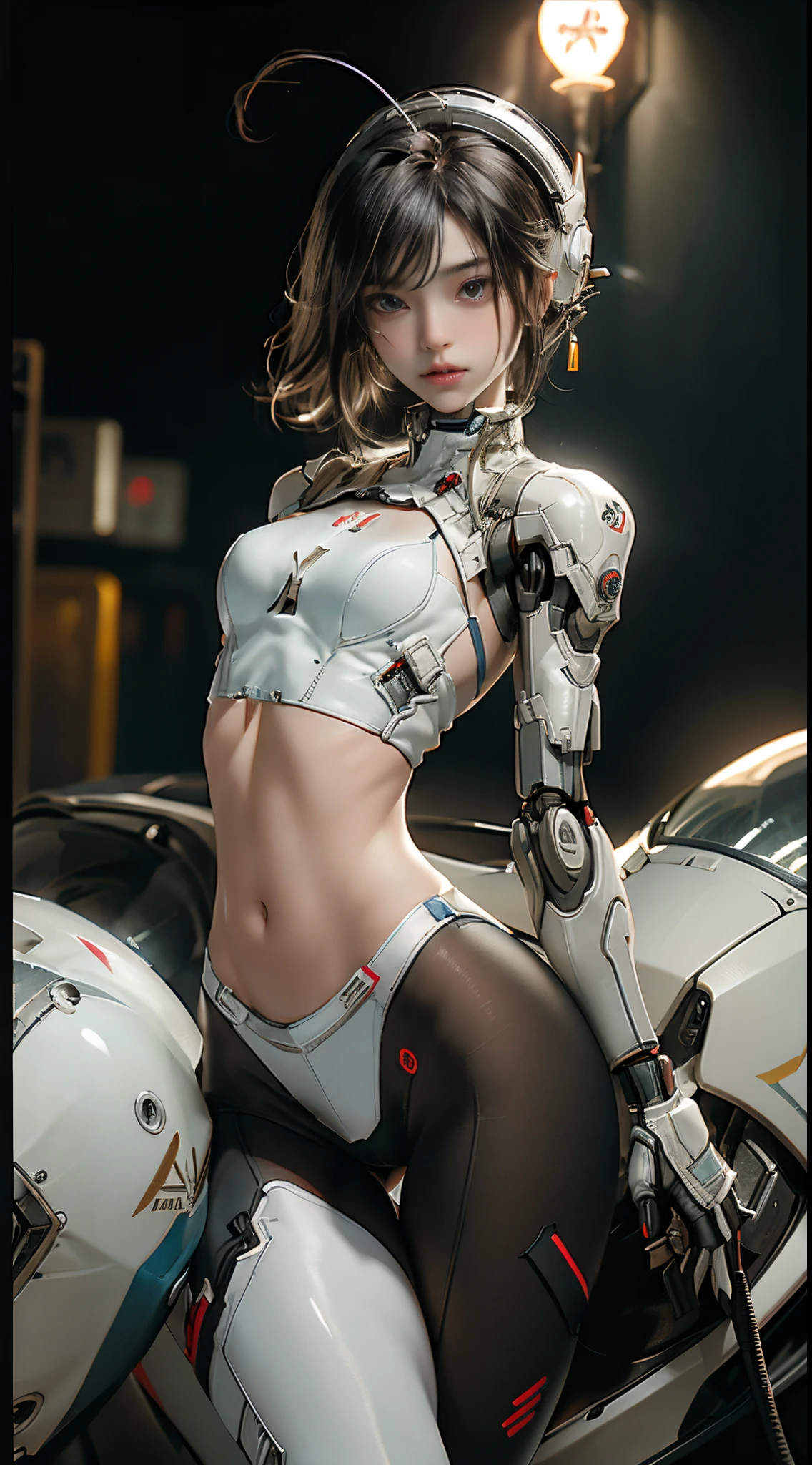 Extremely cute human girl face in cyberpunk city, human torso, human huge boobs, human abdomen, human hips, robotic arms, white suite, two tone, mechanical legs, arms and legs with hard white shiny shell and black joints, very beautiful and feminine, short, petite, small, small, busty buttocks, medium bust, cleavage display, flat belly display, partial helmet with antenna on the ear, halo, black robot joints, very stylish, award-winning product design, black rubber tights, The shiny white metal breastplate opens at the cleavage and abdomen, the white metal buttocks are wrinkled, and the armor has stylish, glowing trims