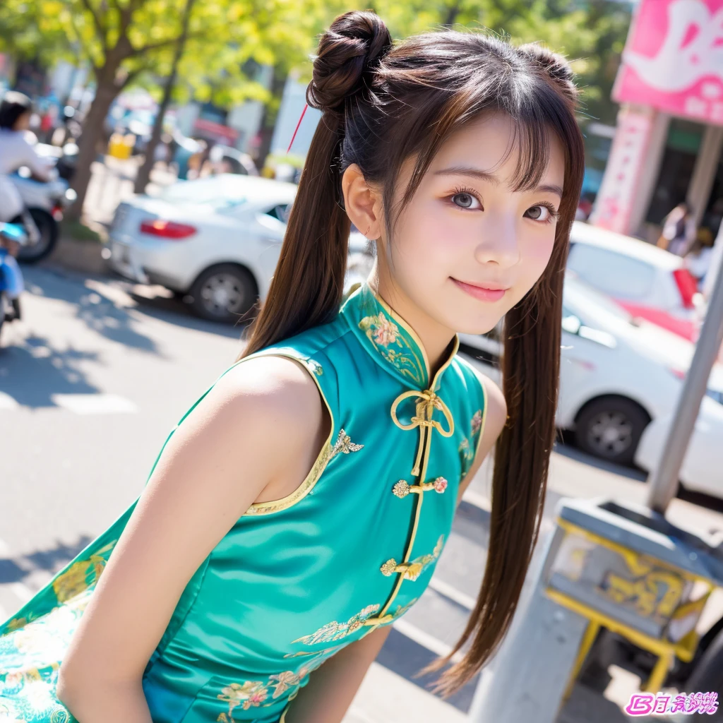high resolution,
1 beautiful young woman,
(soft saturation:1.3), (fair skin:1.2),
wearing a white clothes,
85mm lens,f/8.0,
background,
gyaru,
brown hair,
medium breasts,

BREAK

(china street:1.3),
1girl, 18 years old, (china dress:1.5), side-tie peek, (china dress:1.5),
double bun and long twin tails, black hair