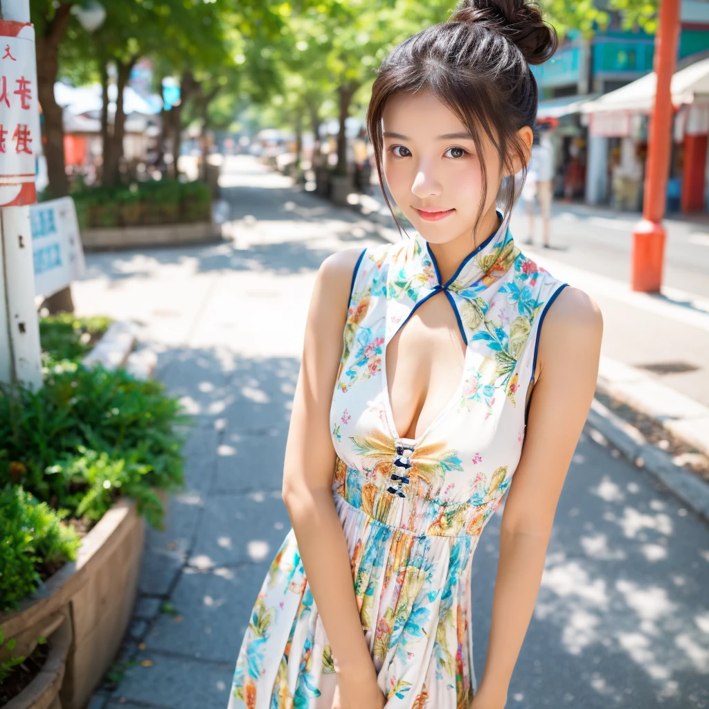 high resolution,
1 beautiful young woman,
(soft saturation:1.3), (fair skin:1.2),
wearing a white clothes,
85mm lens,f/8.0,
background,
gyaru,
brown hair,
medium breasts,
BREAK
(china street:1.3),
1girl, 18 years old, (china dress:1.5), side-tie peek, (china dress:1.5),
double bun and long twin tails, black hair