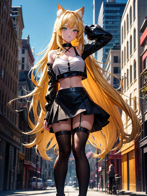 A girl, long blonde hair, large breasts, blonde pointed Neko cat ears, lime green light cat eyes, long red painted fingernails, wearing a black collar with bells, a red crop top with a deep neckline, a black short mini skirt with black tights, high  black heeled boots, with a blonde cat tail, stands tall in a city, high res, ultrasharp, 8K, masterpiece