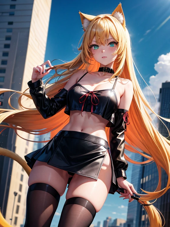 A girl, long blonde hair, large breasts, blonde pointed Neko cat ears, lime green light cat eyes, long red painted fingernails, wearing a black collar with bells, a red crop top with a deep neckline, a black short mini skirt with black tights, high black heeled boots, with a blonde cat tail, stands tall in a city, high res, ultrasharp, 8K, masterpiece