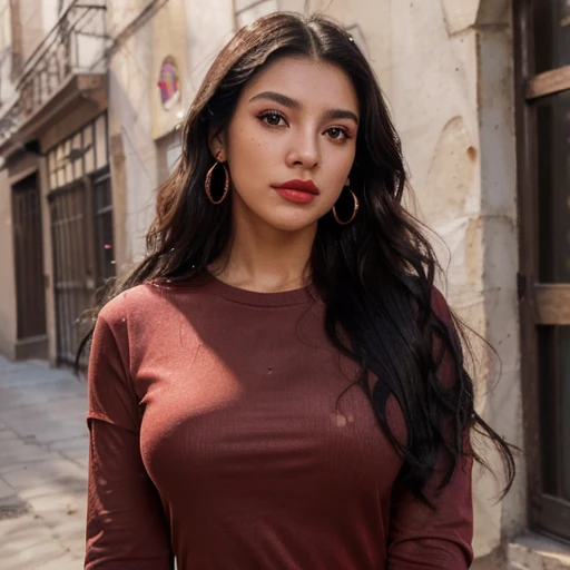 1 girl, 24 years old ((Mexican features,)) ((Straight black hair with slightly wavy ends )) light brown eyes, Height 153cm, voluminous body, (((A notable single mole on the cheek near the nose))) natural lighting, bust selfie ((Red long sleeve t-shirt )) ((Earrings)) ((red lipstick)) Maite Perroni