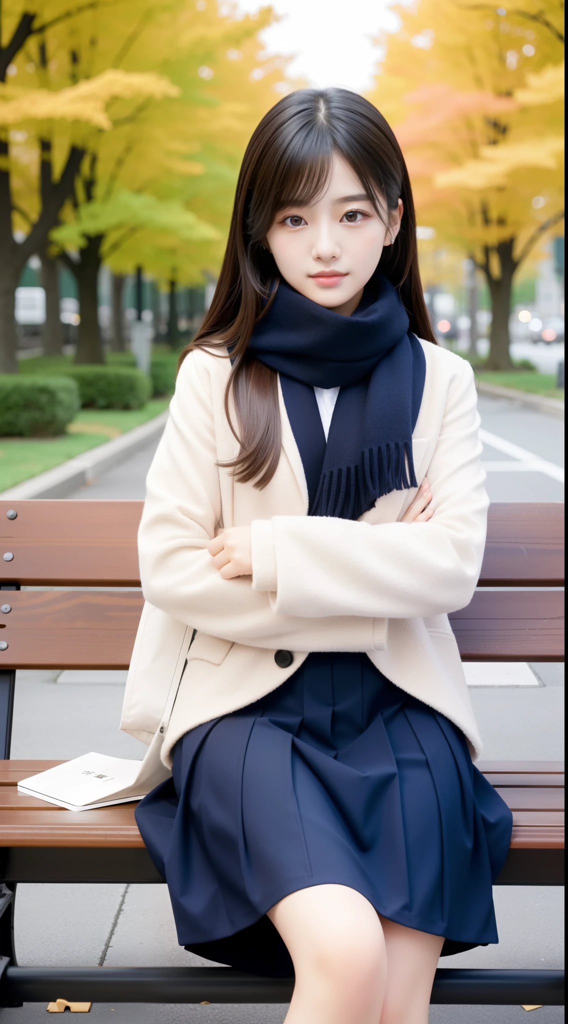 An arafi woman wearing a scarf and sitting on a park bench, Korean Girl, korean female fashion model, Beautiful young Korean woman, Korean Woman, Gorgeous young Korean woman, beautiful Korean women, Chinese girl, real life anime girl, Beautiful Asian Girl, Japanese Models, japanese girl school uniform, the face of a beautiful Japanese girl, Young Asian Girl