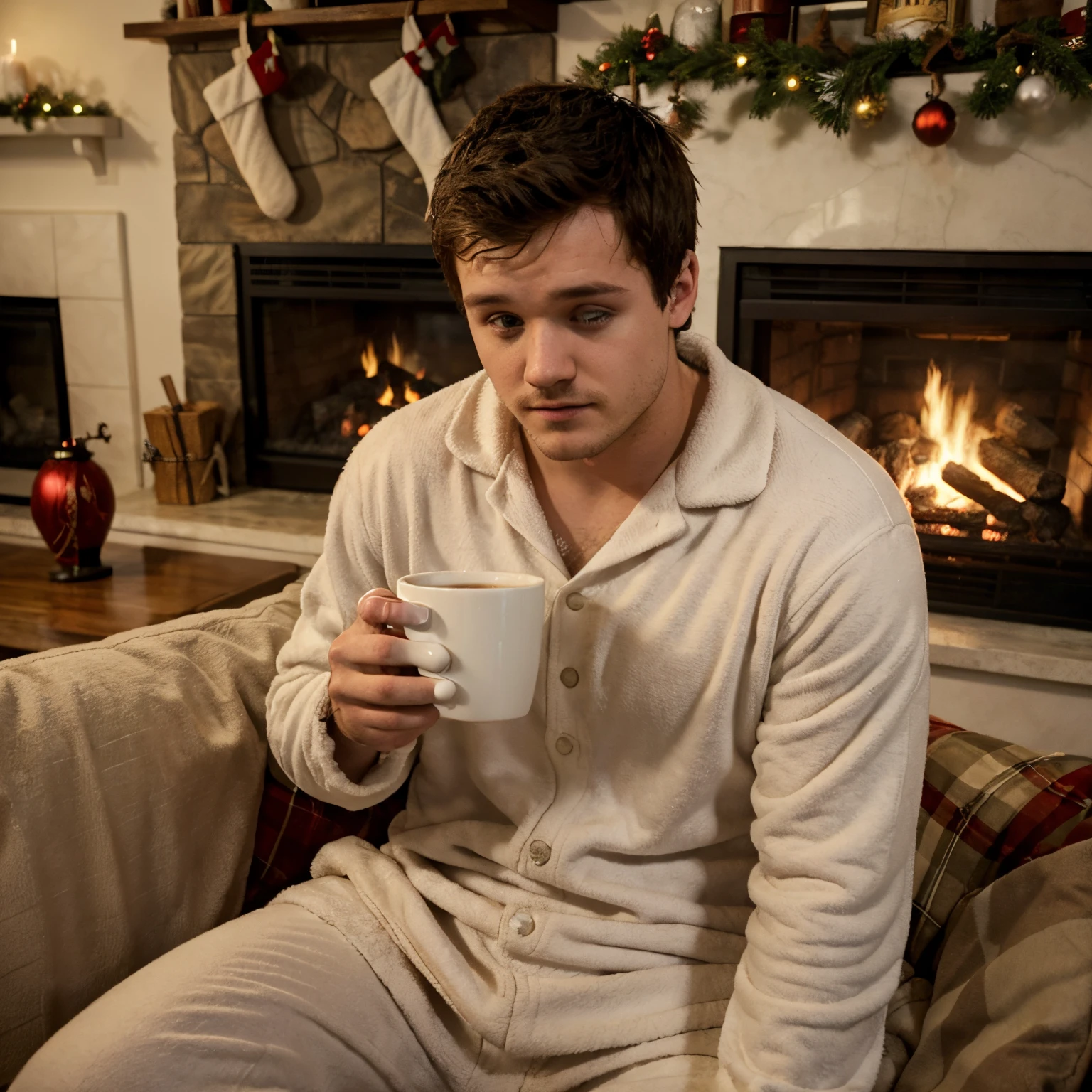 Josh hutcherson, messy hair, facial hair, drinking coffee by fireplace, comfy, cozy, Christmas, pajamas, sleepy, morning, winter, snowing morning