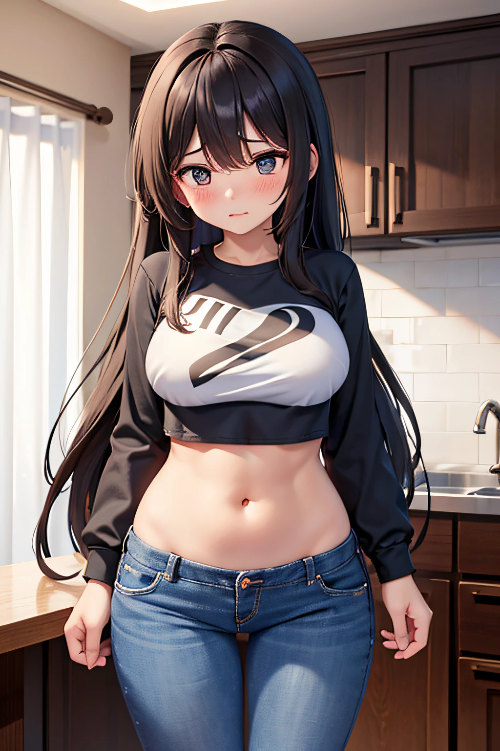 long hair,1 girl, solo, medium breasts, tummy, crop top, long sleeves, t shirt, kitchen, skinny jeans, blush, embarrassed, looking down, huge belly button, abs, trembling, large navel