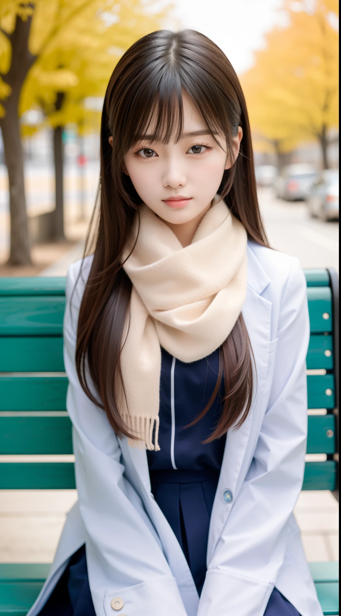 An arafi woman wearing a scarf and sitting on a park bench, Korean Girl, korean female fashion model, Beautiful young Korean woman, Korean Woman, Gorgeous young Korean woman, beautiful Korean women, Chinese girl, real life anime girl, Beautiful Asian Girl, Japanese Models, japanese girl school uniform, the face of a beautiful Japanese girl, Young Asian Girl
