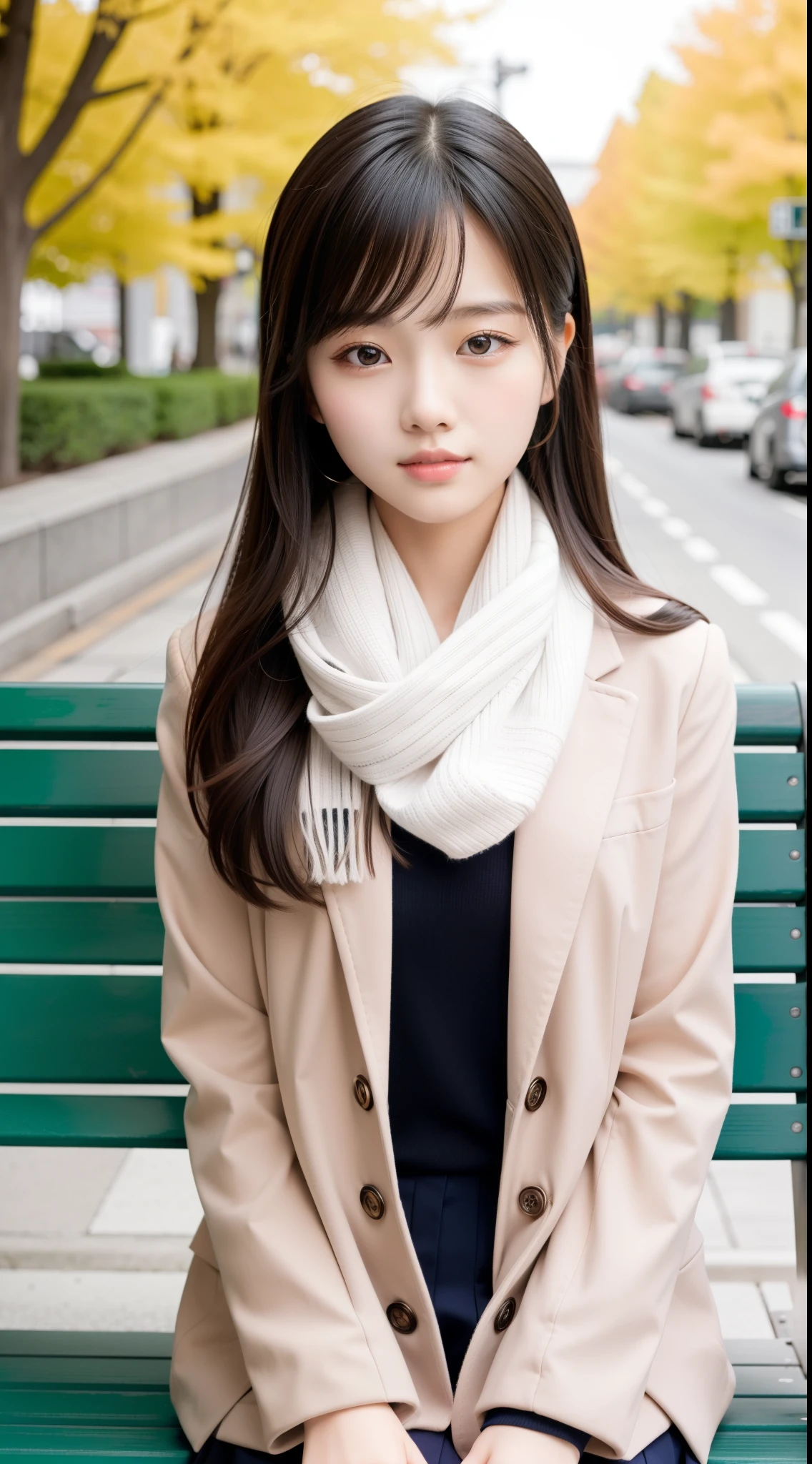 An arafi woman wearing a scarf and sitting on a park bench, Korean Girl, korean female fashion model, Beautiful young Korean woman, Korean Woman, Gorgeous young Korean woman, beautiful Korean women, Chinese girl, real life anime girl, Beautiful Asian Girl, Japanese Models, japanese girl school uniform, the face of a beautiful Japanese girl, Young Asian Girl
