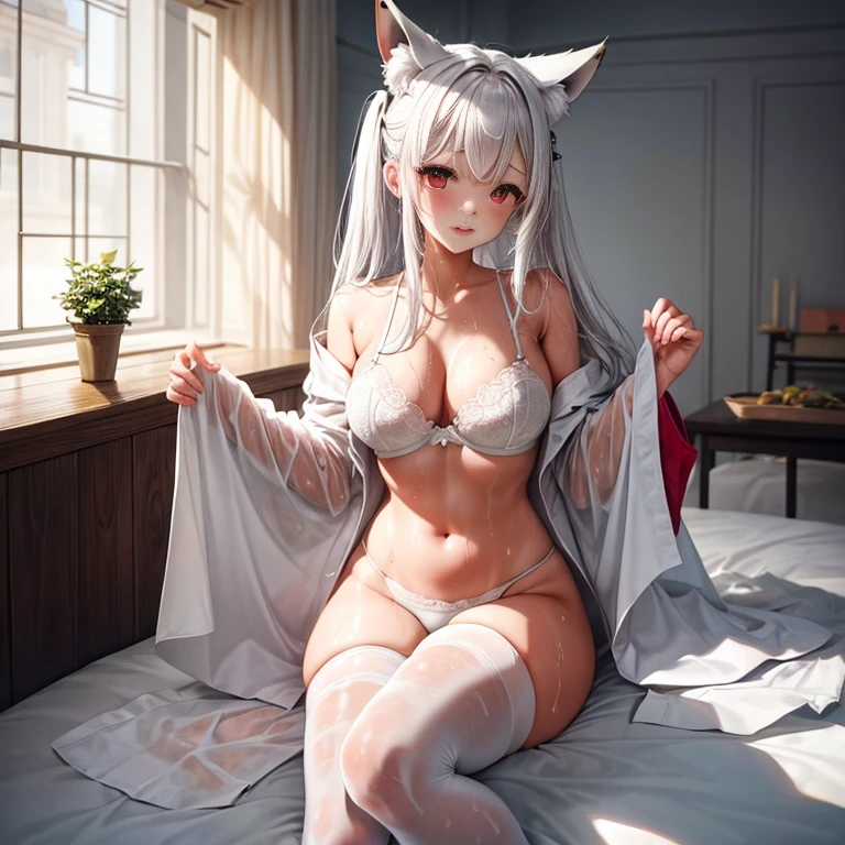 masterpiece、top-quality、1girl in。(bathrobe:1.2), white hair,Red Eyes,(mare:0.8), (Fantastical:0.7), (A smile:0.8),fox ear,salon,wear bra, wear dress , wet clothes,wet hanging,salon, perfect body, perfect breast,((blush on: 1.2)),((fox-tails:1)), perfect big fox-tails, crop top, white legwear,hair bobbles, tights, recumbent on the bed, hot, top view, girl below, looking up, Wear dress, white suit,((wet:1.3)), clothes in mouth, neckline, navel, t-shirt, ((bra)), clothes lift