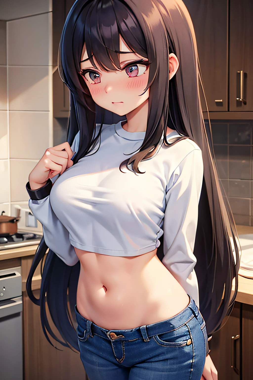 long hair,1 girl, solo, medium breasts, tummy, crop top, long sleeves, t shirt, kitchen, skinny jeans, blush, embarrassed, looking down, belly button, abs, shiverring