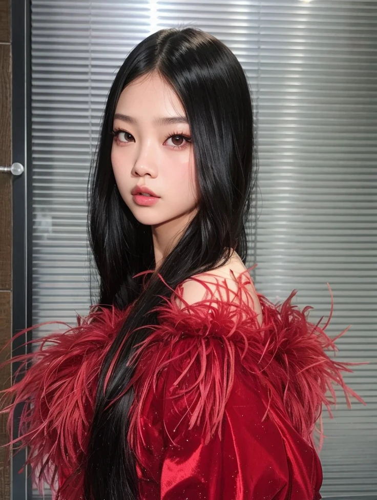 Un primer plano de una mujer con cabello largo y negro con un vestido rojo, Blackpink Jennie, Retrato de Jossi de Blackpink, Parque Roseanne de Blackpink, Lalisa Manobal, Gongbi, Xision Wu, Jossi de Blackpink, Jaeyeon Nam, Sui Ishida con cabello negro, asian features, Lalisa Manoban de Blackpink, Jinyoung Shin