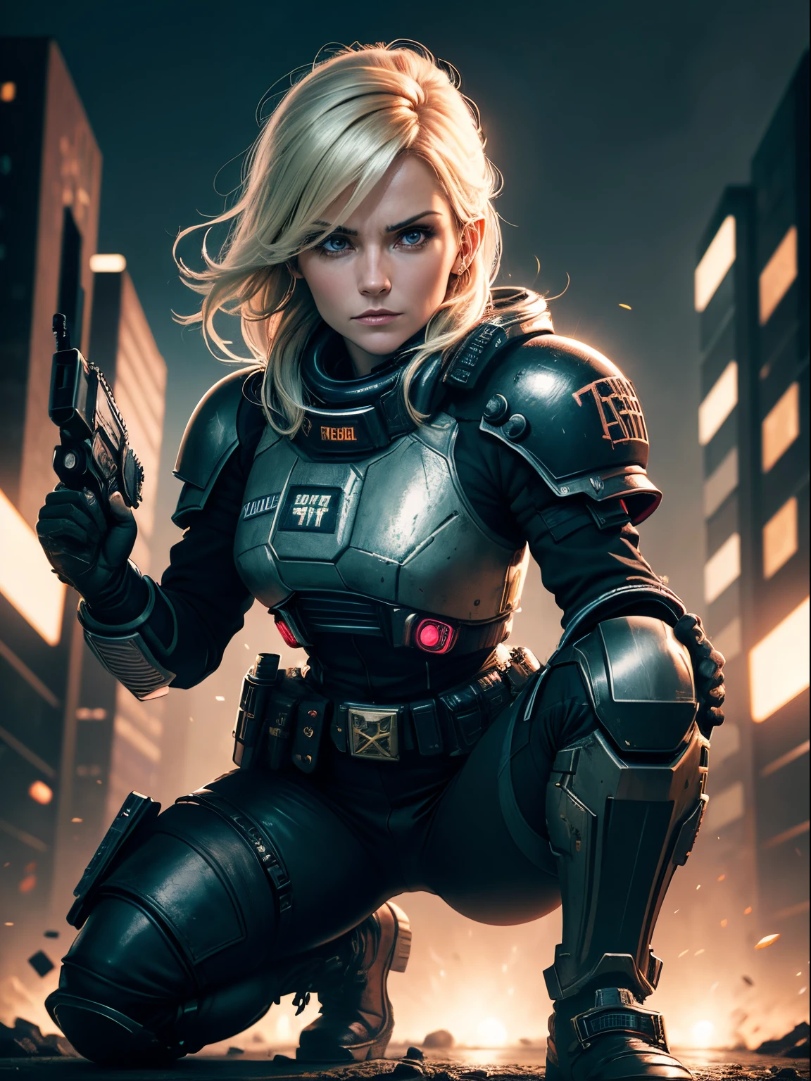 Helen Skelton as Judge Dredd, dramatic lighting from police strobes, authentic leather Judge Dredd uniform, trousers, Judge Dredd shoulder pads, Judge Dredd shield, crouching, firing gun at viewer with both hands, shooting, teeth clenched, futuristic city behind, night,