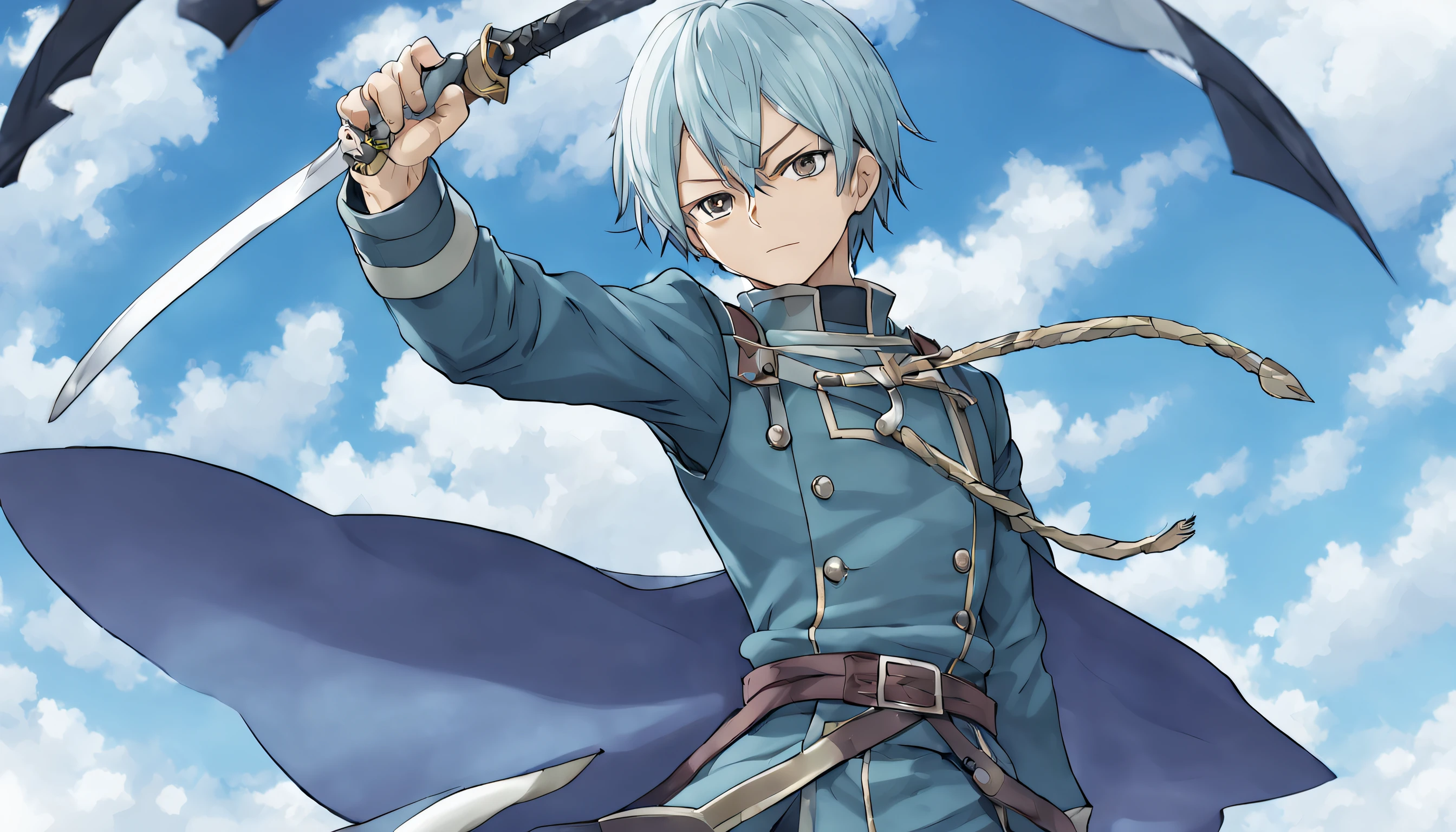 um , com uma espada para outro garoto'Neck strap, pessoas ao redor, anime isekai