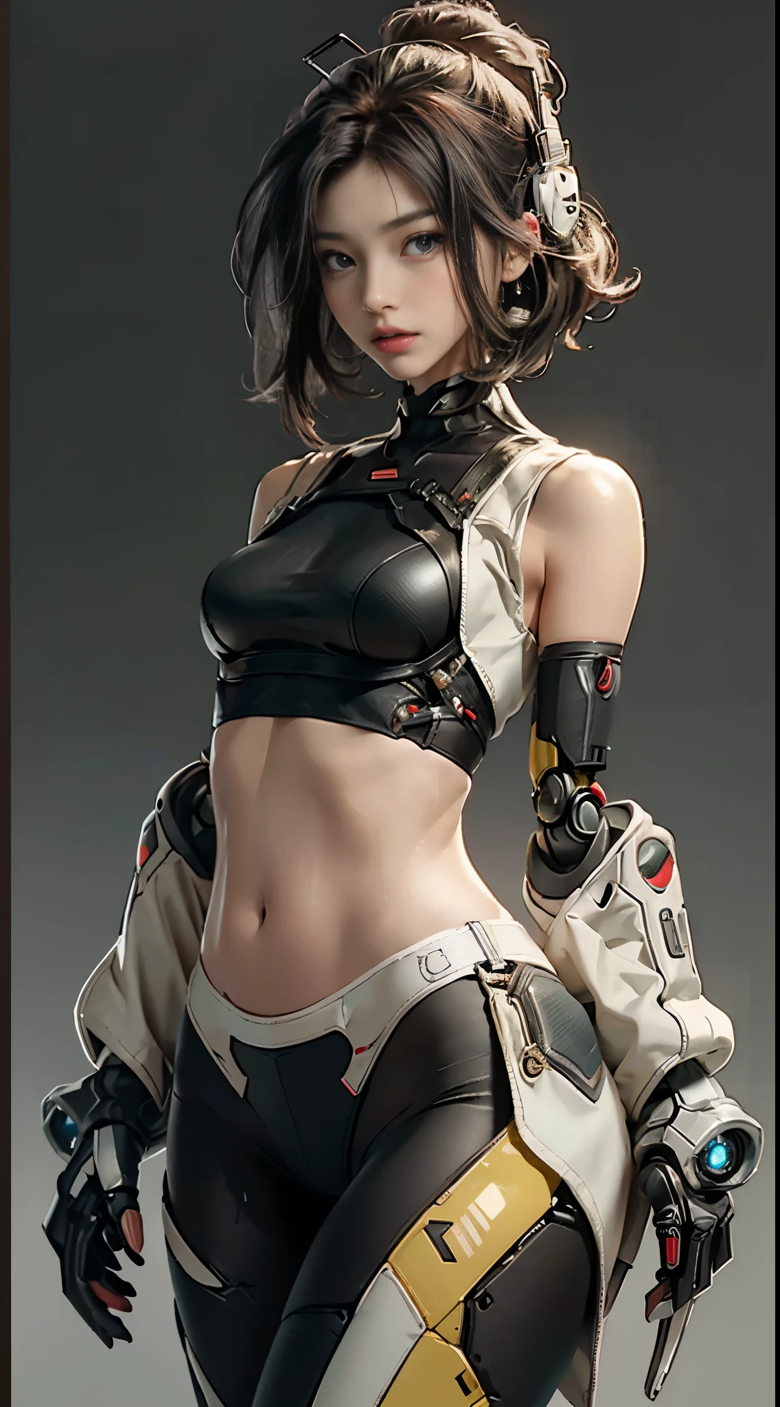 (Details: 1.4), (Details: 1.4), 3D, Cowboy Shots, Beautiful Cyberpunk Woman, HDR (High Dynamic Range), Ray Tracing, NVIDIA RTX, Super Resolution, Unreal 5, Subsurface Scattering, PBR Textures, Post-Processing, Anisotropic Filtering, Depth of Field, Maximum Sharpness and Clarity, Multi-layer textures, Albedo and highlight maps, Surface shading, Accurate simulation of light material interactions, Perfect proportions, Octane Render, Bicolor light, Large aperture, Low ISO, White balance, Rule of thirds, 8K RAW, Gray hair, Glossy hair, Delicate hair, Short hair, Bob hair, Side lock, Asymmetrical bangs, beautiful detailed glass hair, sweat-soaked skin, flowing sweat, wet and shiny skin, (((glossy skin)), ((strong luster of clothes)), mechanical cybersuit, leather bikini, high legs, (action pose), sexy poses, tattoos on bare skin, perfect anime robot women, organic mix robots, best 4K wallpapers, detailed digital art, Beautiful Girl Cyborg, Biomechanics, Digital Cyberpunk Art,