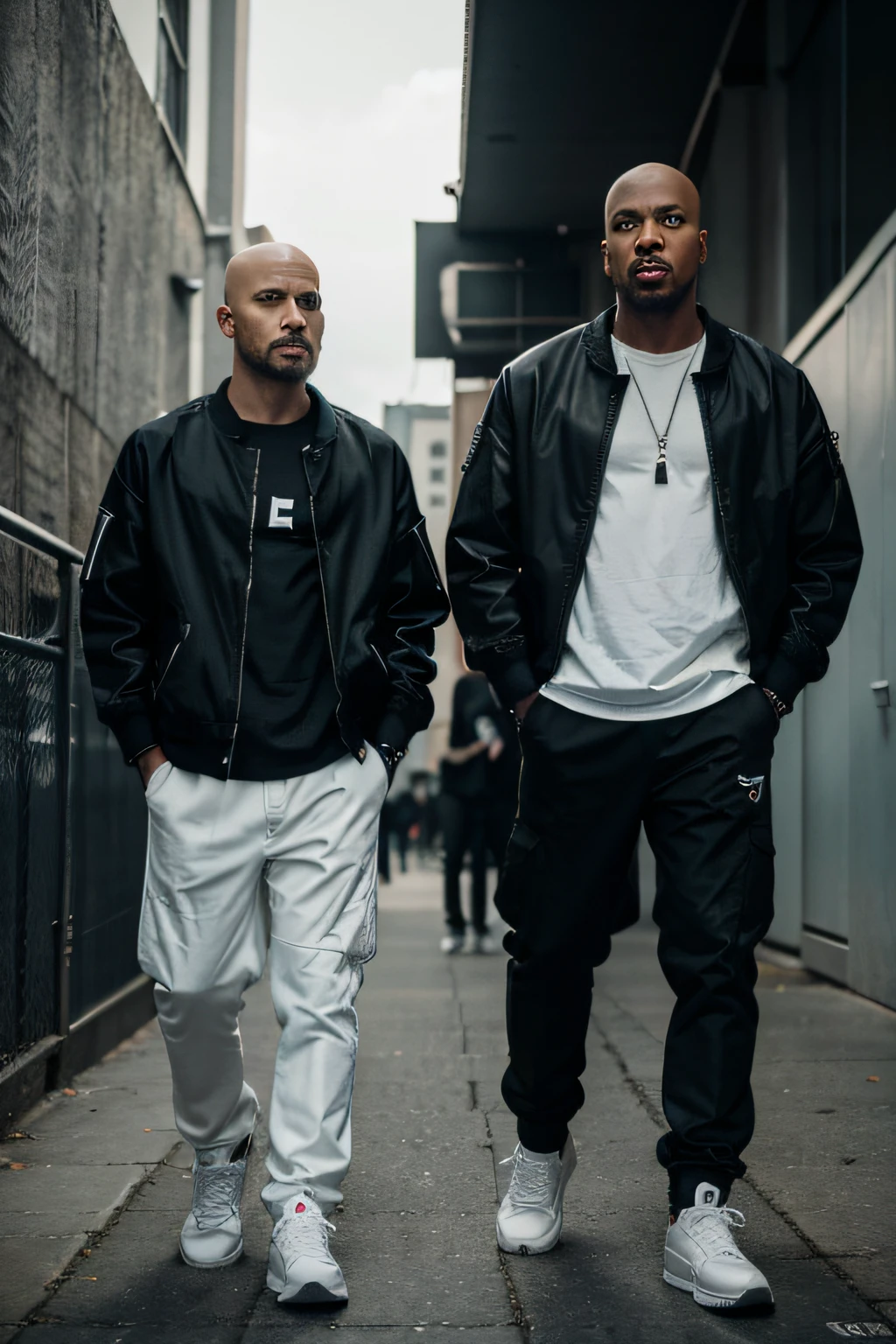 2 homens estilo rapper, em breve, com cavanhaque, com um olhar de inveja, um olhar de raiva, odoi, Evil, corpo inteiro, com jaqueta preta, corpo inteiro, high definition white sneakers, realismo, imagem extremamente detalhada, 4k, Cinematografia Luminosa, high resolution,