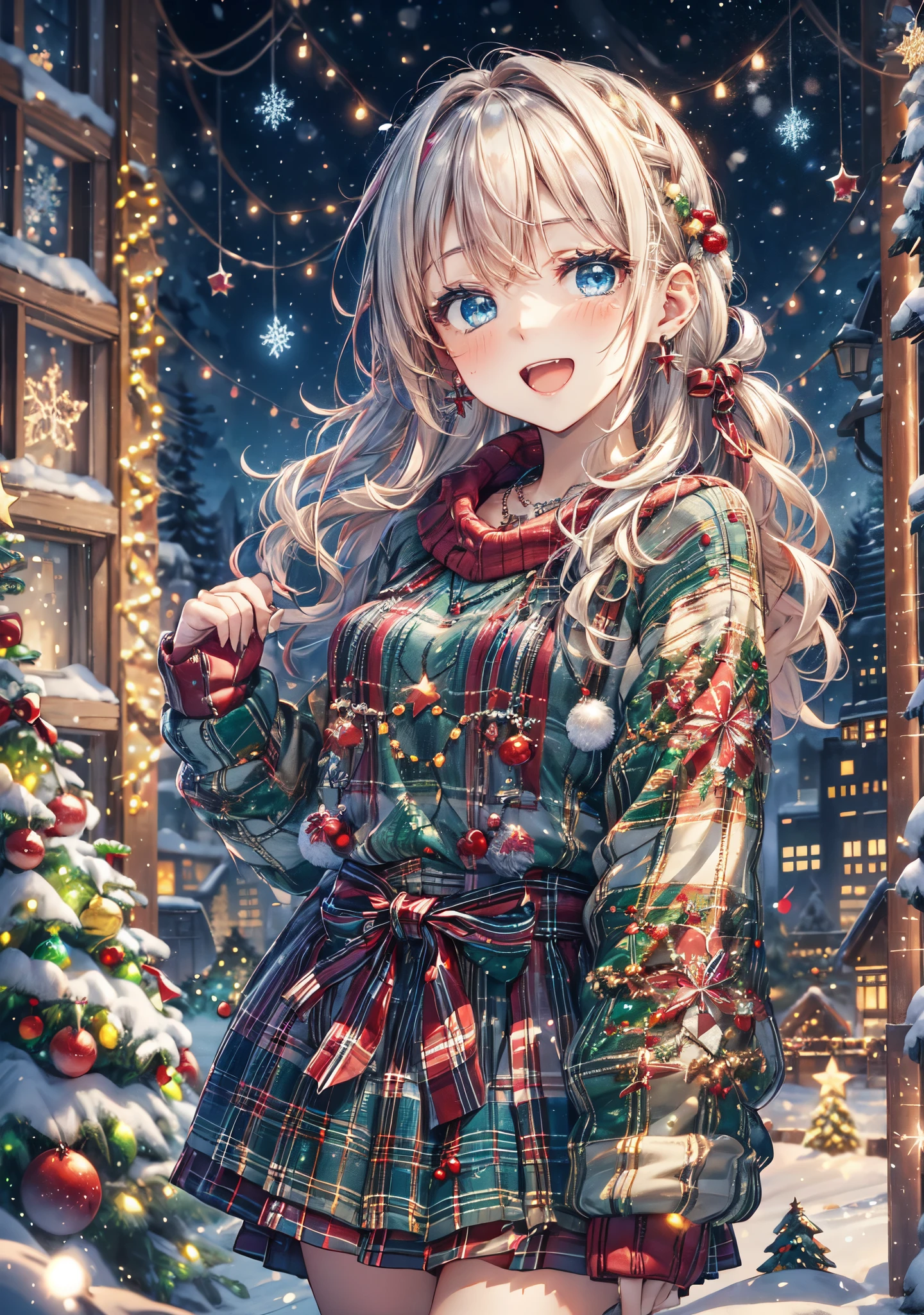 absurderes, ultra-detailliert,bright colour, Short hair,Blonde hair with fluffy short twintails:1.2) Shiny hair,(red and white plaid sweater dress:1.5),(Open mouth and laugh 1. 3),(Close one eye and feel shy:1.3),(Christmas tree:1.3),(Christmas Decorations:1.3),(colorful led lights on the wall:1.5),Delicate beautiful face, red blush、(Deep Blue Eyes:1.5), White skin, hair clips, earrings, a necklace,Heavy snow outside the window,You can also see the starry sky and the aurora borealis........