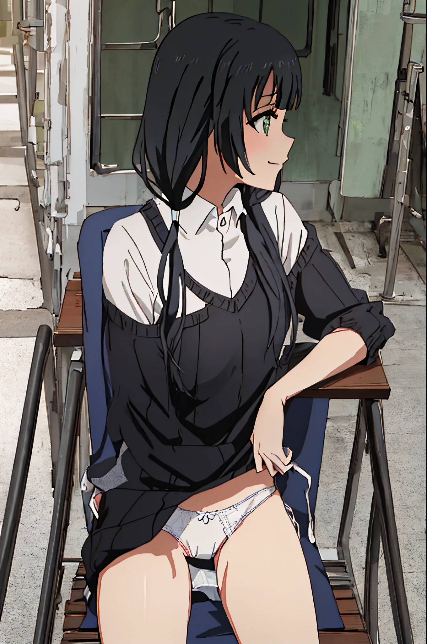 Best Quality, hight resolution, Solo, {Yasuhara_mommy_shirobako:1.15}, Black_hair, Low_Twin-tailed, Twin-tailed, long_hair, Green_Eyes, Bangs, 1girl in, Closed_Eyes, from a_Side, Shirt, The upper part of the body_Body, blush, Closed_Mouth, Gray ground, Chair, profile, Sitting, Smile, Panty Pose, (Fully exposed panties:1.5), (White panties:1.3)、Exact body