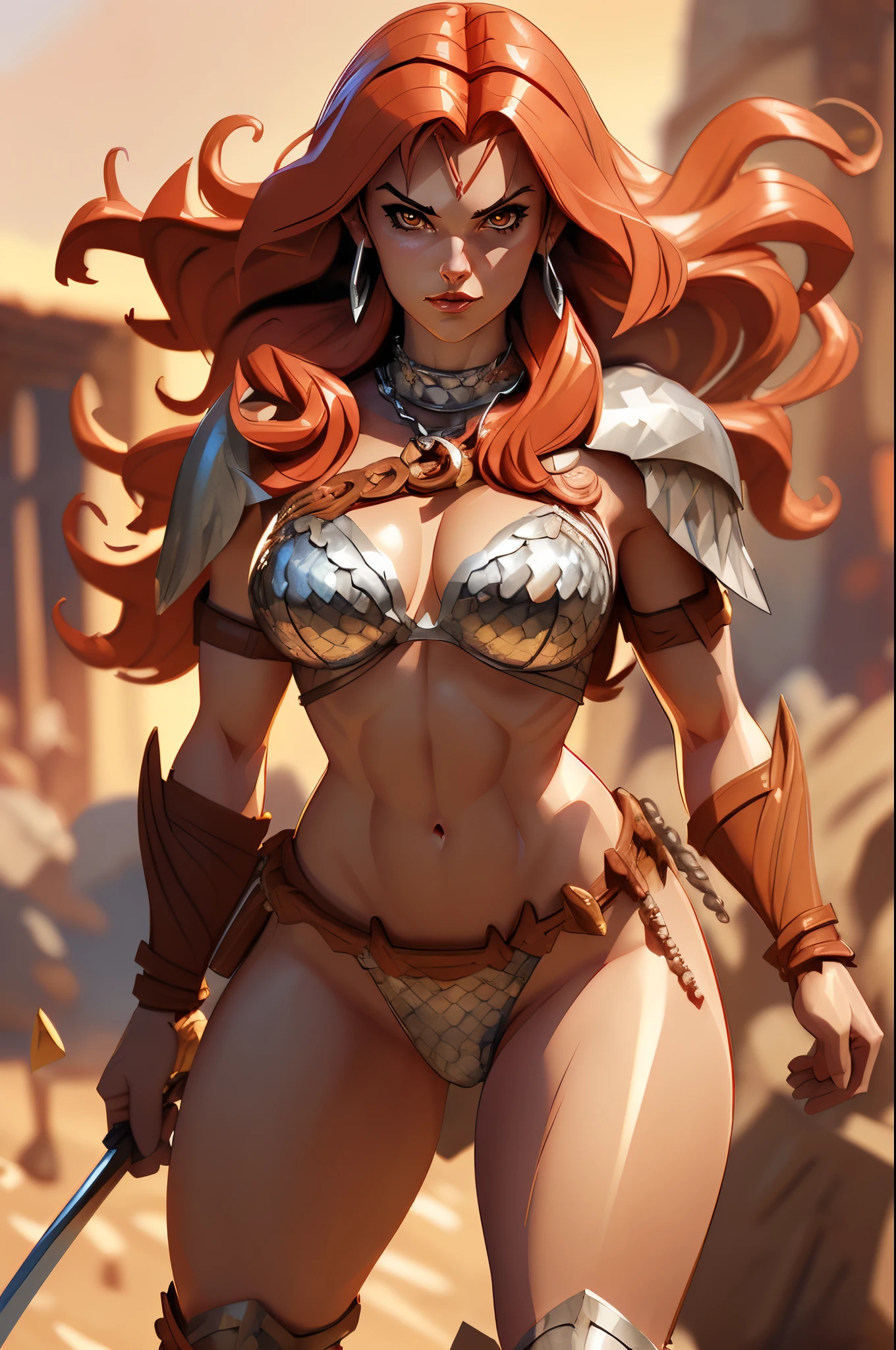 Gorgeous Red Sonja, warrior, fierce, strong, beautiful, dynamic, full body, silver chainmail, stunning, golden hour, masterpiece, show abs, show stomach, fine details, hyperdetailed, HDR, 8k, digital painting, bold lines, sharp focus, depth of field, detailed background, sexy