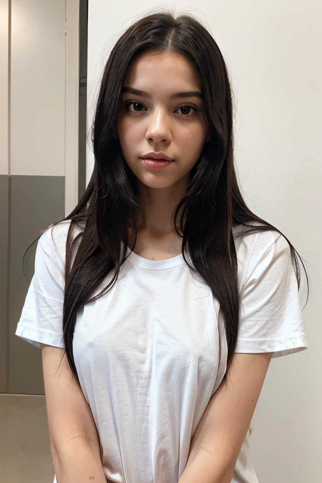 young lady with long straight black hair and full lips wearing simple white t-shirt