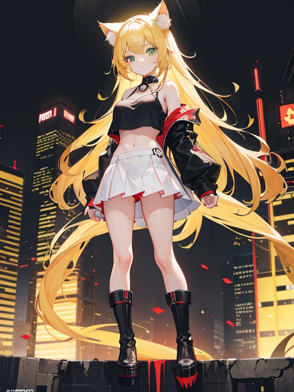 A girl, long blonde hair, large breasts, blonde pointed Neko cat ears, lime green light cat eyes, long red painted fingernails, wearing a black collar with bells, a red crop top with a deep neckline, a black short mini skirt with black tights, high  black heeled boots, with a blonde cat tail, stands tall in a city, high res, ultrasharp, 8K, masterpiece