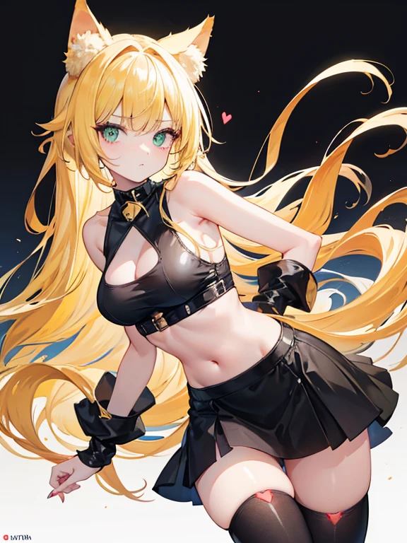 A girl, long blonde hair, large breasts, blonde pointed Neko cat ears, lime green light cat eyes, long red painted fingernails, wearing a black collar with bells, a red crop top with a deep neckline, a black short mini skirt with black tights, high black heeled boots, with a blonde cat tail, stands tall in a city, high res, ultrasharp, 8K, masterpiece