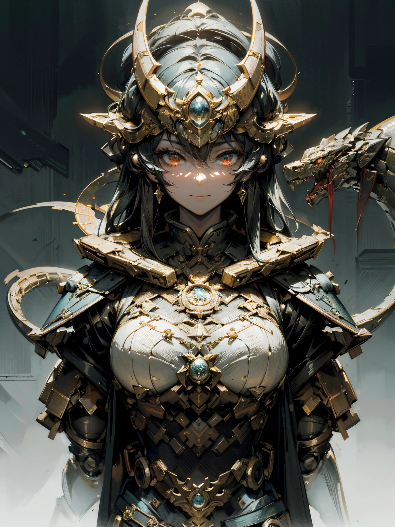 ((Best quality, 8K, Masterpiece: 1.4)),((Amazing detail: 1.3)),((illustration: 1.2)),((high resolution: 1.1)),Dark fantasy style, Chinese fantasy, Drawn from Shan Hai Jing, singularity, The upper body a woman and the lower body a snake, snake people, Enchanting, Smile, Wears a crown of thorns on her head, solid black background, mechanically correct, complicated, delicate, monster design, sense of science and technology, mechanical sense, Fantasy art, concept-art, unreal-engine, structurally correct, Perfect composition, Weird, structural symmetry