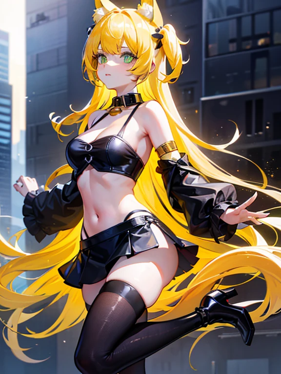 A girl, long blonde hair, large breasts, blonde pointed Neko cat ears, lime green light cat eyes, long red painted fingernails, wearing a black collar with bells, a red crop top with a deep neckline, a black short mini skirt with black tights, high black heeled boots, with a blonde cat tail, stands tall in a city, high res, ultrasharp, 8K, masterpiece