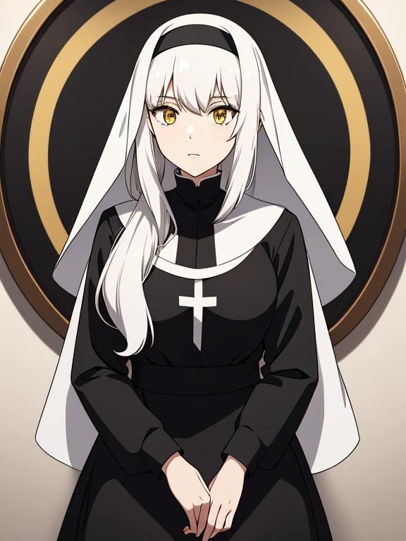 Karen Hortensia, daughter of Katamine Kirei, one girls, with long white hair and yellow eyes, nun in black tight clothes, red scarf