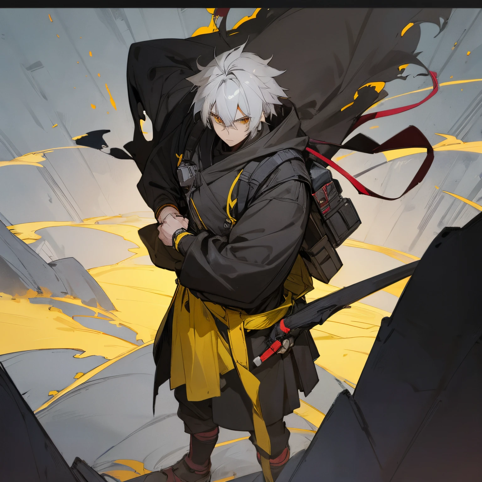 Messy Black and Grey Hair , Multicolored hair,Yellow Eyes , Black Clothing , Ninja Clothing , Standing on mountain , somber expression , 1male
