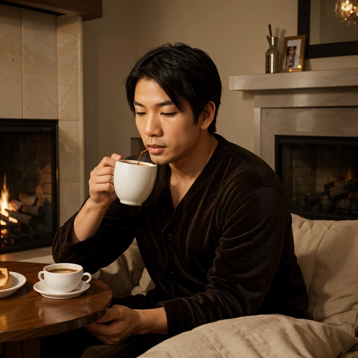 Asian guy, black hair, eating breakfast by fireplace, cozy, warm, pajamas, winter morning, sensual, sleepy, drinking coffee