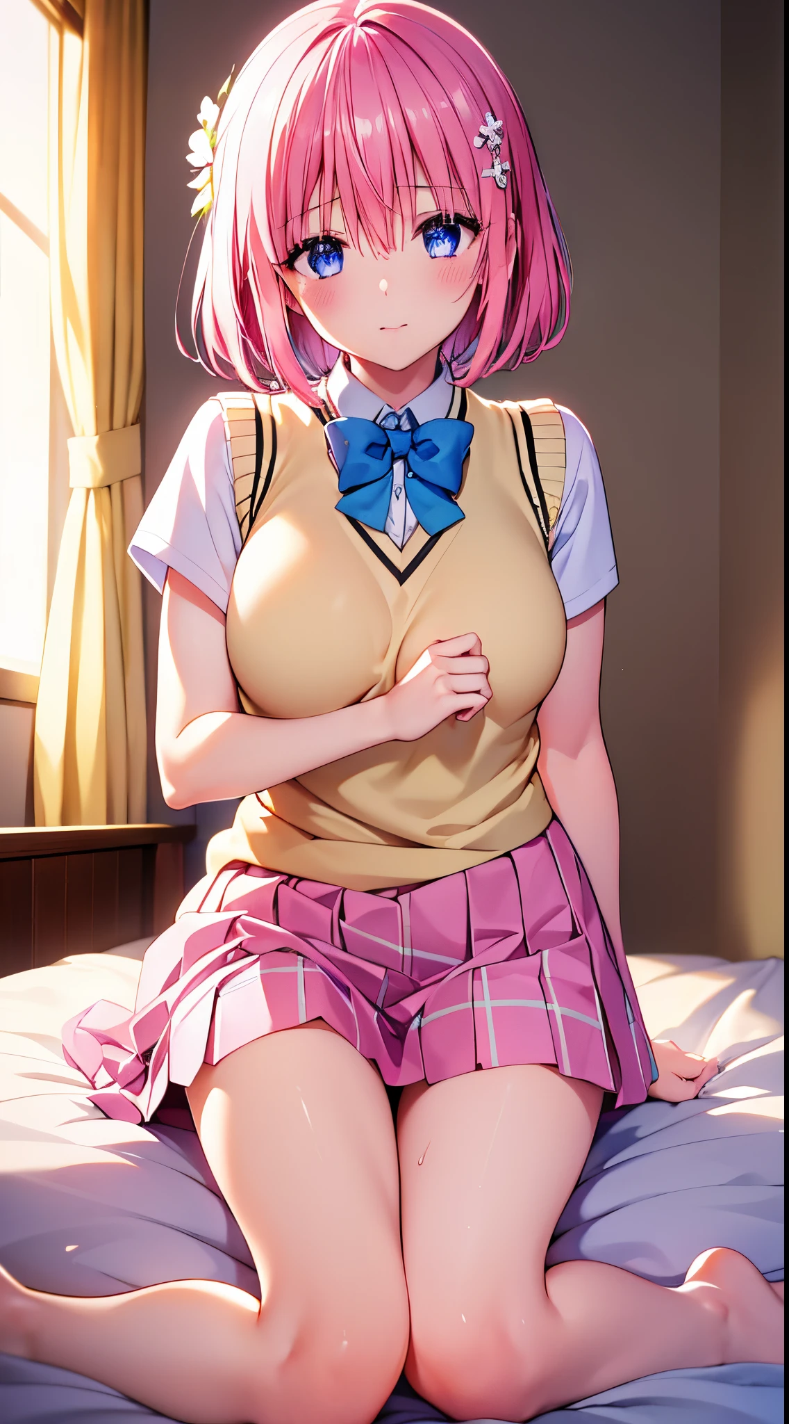 (Best Quality,4K,hight resolution,masutepiece:1.2),Ultra-detailed,Realistic:1.37,Illustration,Beautiful Girl,Charming bedroom,Pink hair,Long hair,Pink pleated skirt,pink sailor suit,Short sleeves,Huge breasts,nabel,Lifting the skirt with your hands,Showing white panties,Lift skirt to expose panties,Barefoot,Blue eyes,on the bed,lovely thighs,glowing thigh,Pastel colors,Soft lighting、Smirk、Imarachio、cumdrip、Female masturbation、 Juice、femaleejaculation