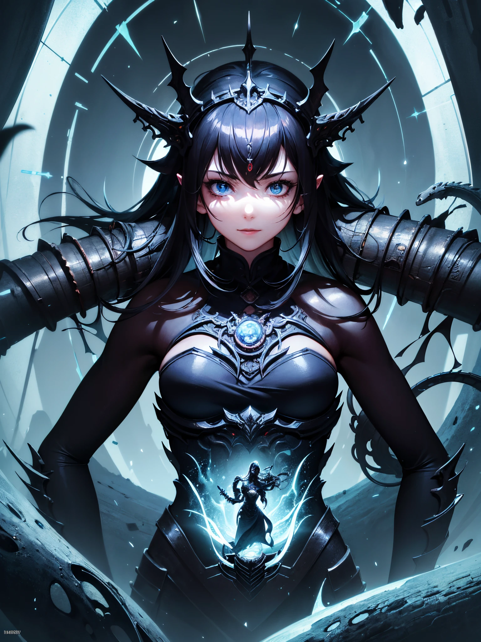 ((Best quality, 8K, Masterpiece: 1.4)),((Amazing detail: 1.3)),((illustration: 1.2)),((high resolution: 1.1)),Dark fantasy style, Chinese fantasy, Drawn from Shan Hai Jing, singularity, The upper body a woman and the lower body a snake, snake people, Enchanting, Smile, Wears a crown of thorns on her head, solid black background, mechanically correct, complicated, delicate, monster design, sense of science and technology, mechanical sense, Fantasy art, concept-art, unreal-engine, structurally correct, Perfect composition, Weird, structural symmetry
