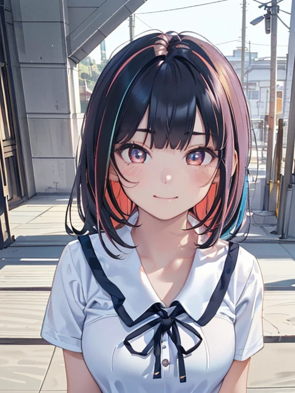 ((​masterpiece、top-quality:1.5、a high chroma:1.5、ultra-detailliert、high-resolution illustrations:1.5、Ultra-high-definition CG、8k size wallpaper、offcial art))、((front view:1.8)),(1woman,),(cute face:1.5,cute eyes:1.5)、((face:1.5)),((close to viewer:1.8,face only:1.5)),((Close to the viewer:1.8、only face:1.5))、
(forced smile:1.3)、(sexy body),(standing),(school uniform:1.5)、,(multicolored hair:1.5), (large breasts:1.5)、(Portrait:1.8),(portrait:1.8),(curvy:1.3)、(Portrait:1.8)
,(Shining amber eyes:1.5),(midsummer beach　 behind:1.5)、(upper body)、