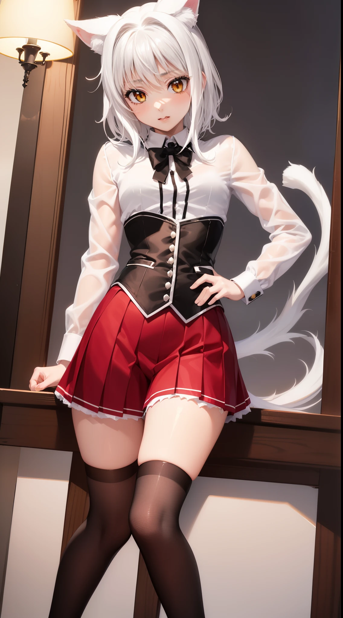 Koneko Siempre (DxD), 1girl, cana, pelo corto, (Uniforme de Koneko:1.4), Uniforme escolar, Camisa blanca, falda, falda roja, cinta negra, Obra maestra, Black corset, hasta la rodilla, Calcetines negros, En pie,